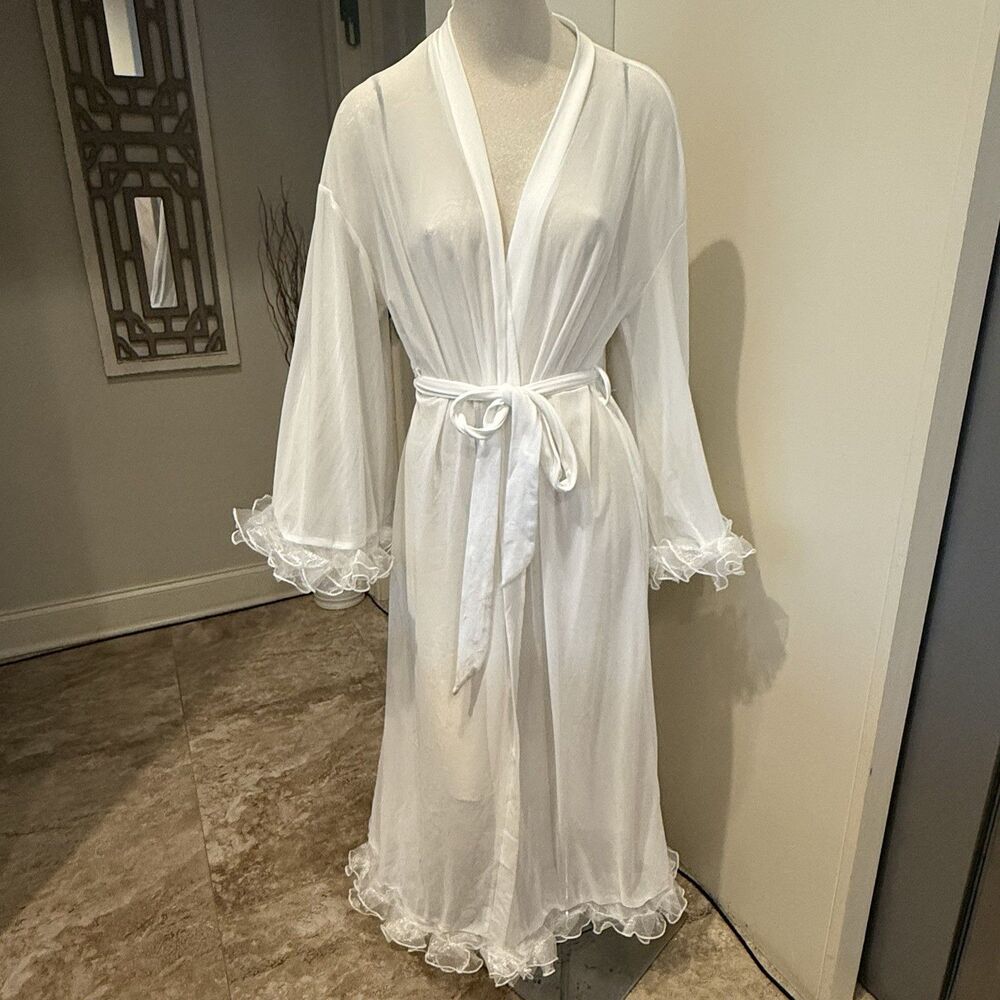 Bridal White Mesh Robe Belted Trumpet Sleeve Long and Sheer Ruffle Size Medium